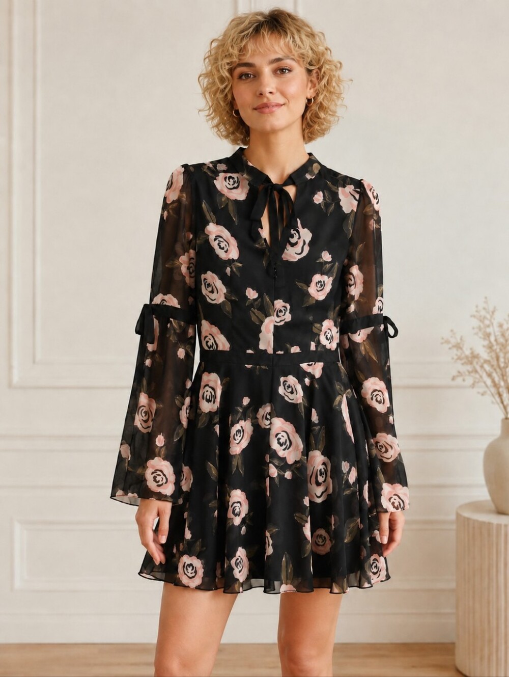 bebe Black Floral Chiffon Bell Sleeve Dress Size 2